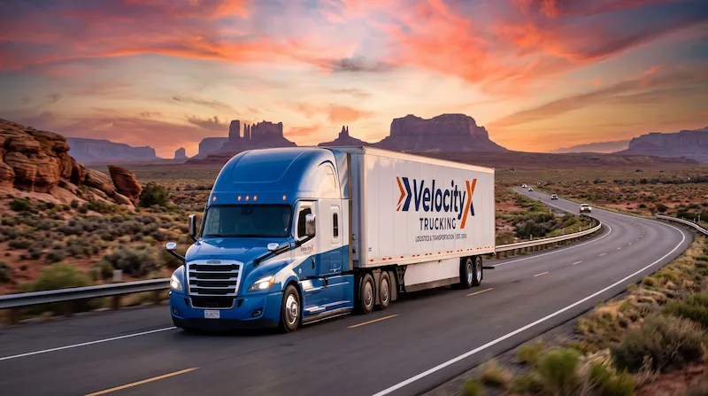 Velocity X Trucking semi truck on the highway at sunset